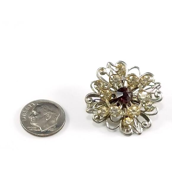 1950s Silver Tone Flower Brooch Purple Center Clear Rhinestone Vintage Pin - Picture 4 of 9
